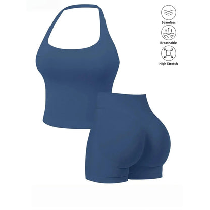 Seamless 2 Piece Workout Set for Women, Halter Tank Top with Built-In Bra & High Stretch Scrunch Booty Shorts for Gym Yoga, Gym Sets, 2 Piece Sets Women