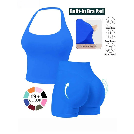 Seamless 2 Piece Workout Set for Women, Halter Tank Top with Built-In Bra & High Stretch Scrunch Booty Shorts for Gym Yoga, Gym Sets, 2 Piece Sets Women